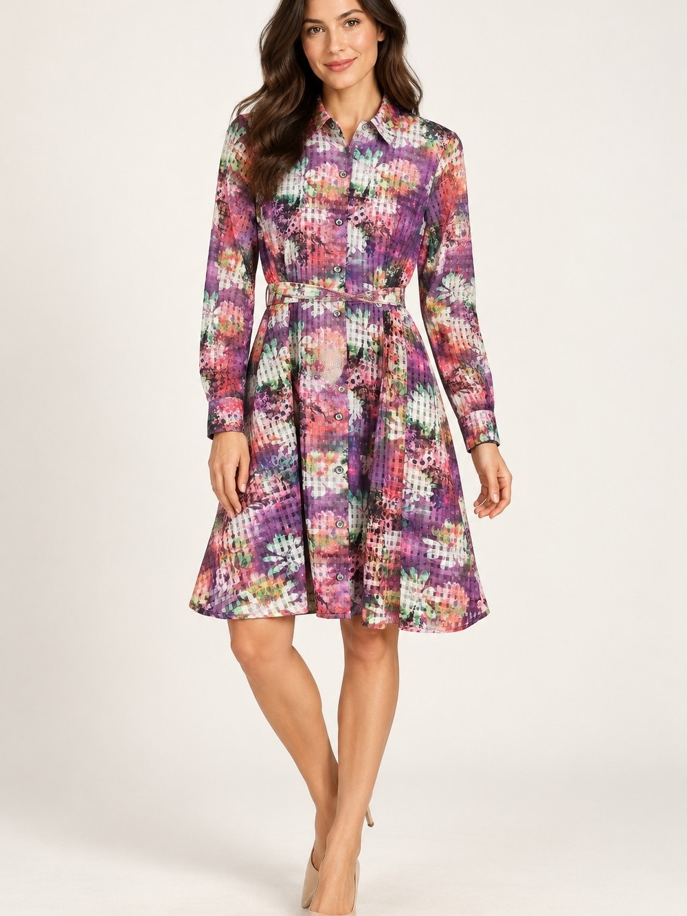 Belle Badgley Mischka Watercolor Floral Belted Shirt Dress Size 4